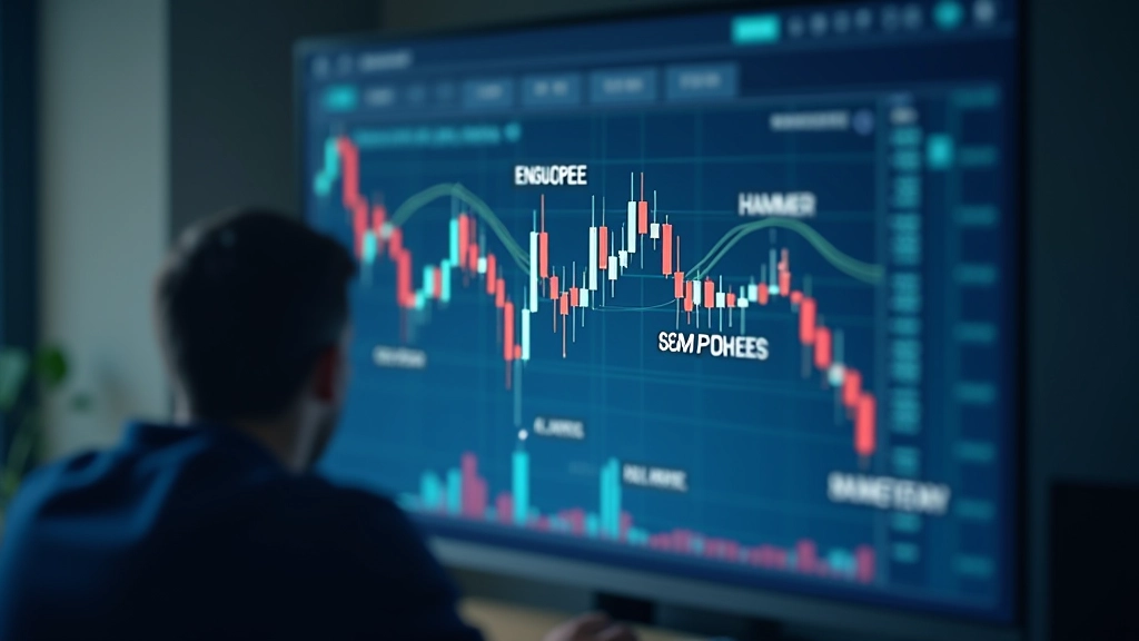 Padrões de velas japonesas engulfing martelo e doji em gráfico de mercado com setas indicando pontos de reversão